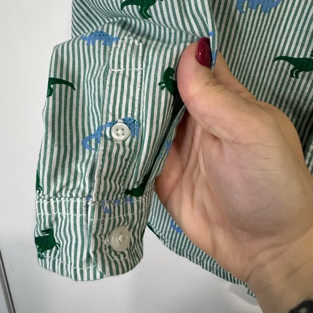 Children's Place Boys Green Striped Dinosaur Button Down Size 4T